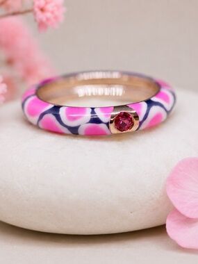 Leopard Print Pink Enamel Band 14k Rose Vermeil Pink Sapphire | Last One 8 1/2